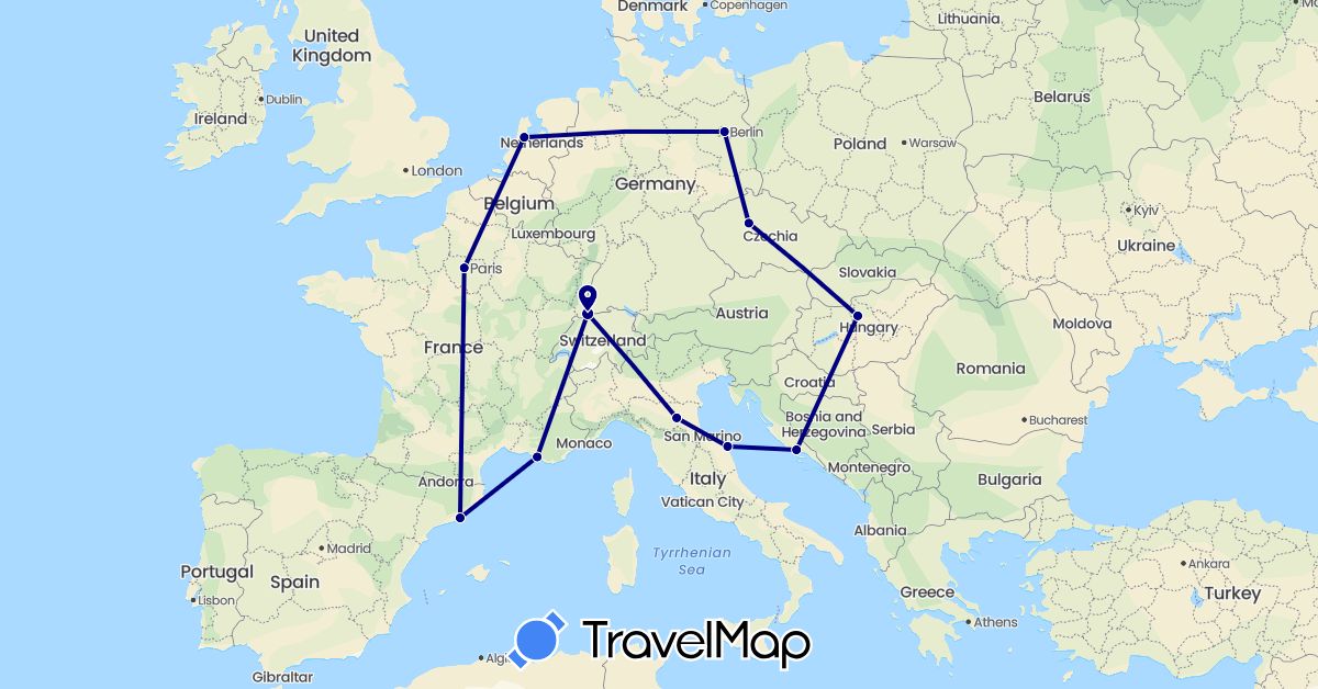 TravelMap itinerary: driving in Switzerland, Czech Republic, Germany, Spain, France, Croatia, Hungary, Italy, Netherlands (Europe)